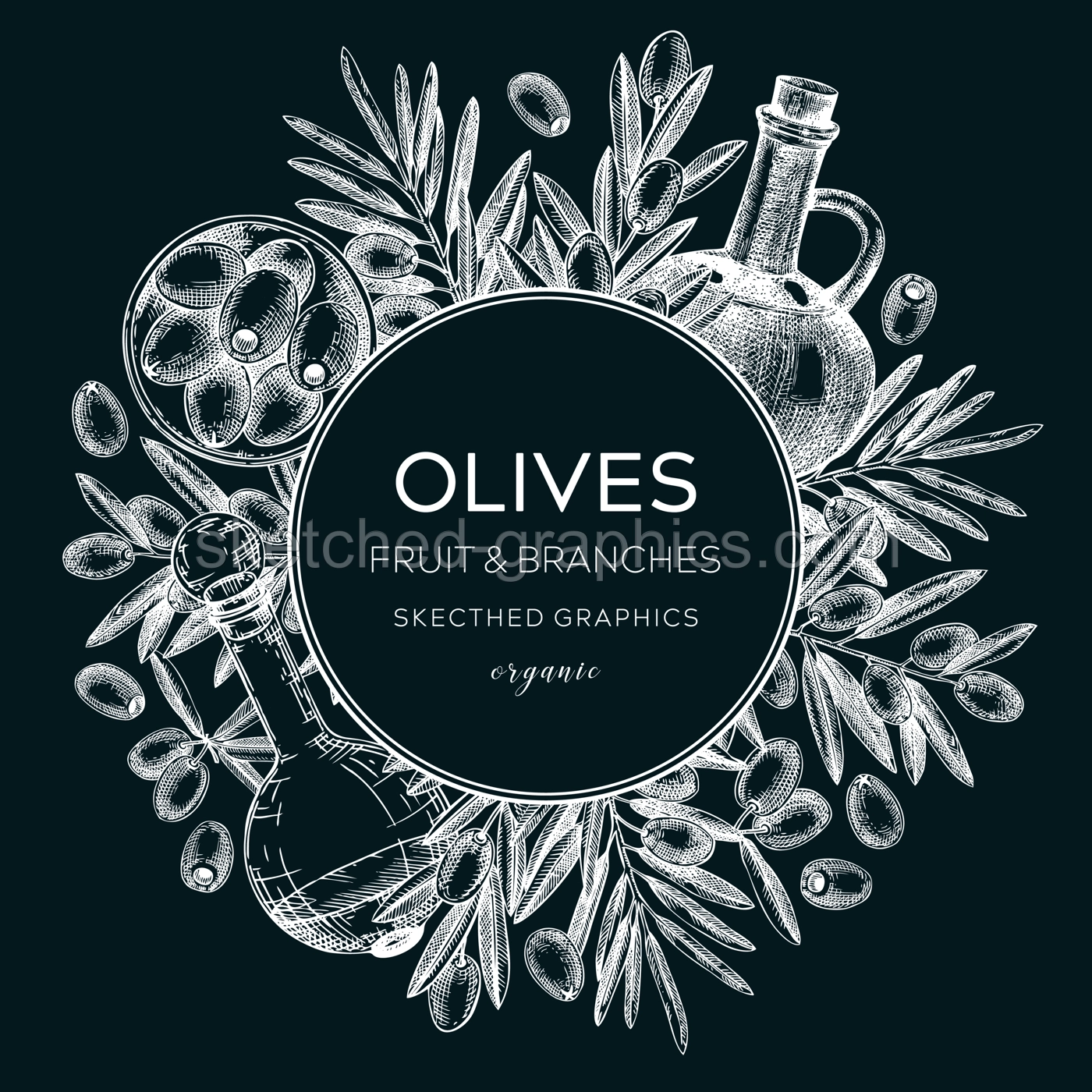Olive oil background. Hand-drawn vector illustration on chalkboard. Olive tree branches, glass bottle, olives sketches. Italian food frame in vintage style. Vegetable oil design template Illustration